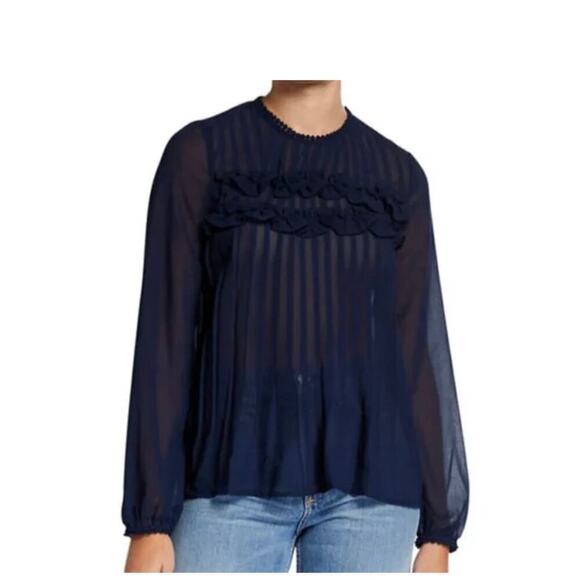Anthropologie Endless Rose Sheer Navy Pleated Blouse w/ Lace Detail XS